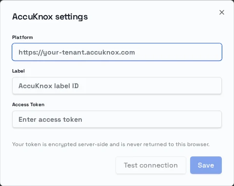 AccuKnox settings dialog with platform, label, access token, and Test connection