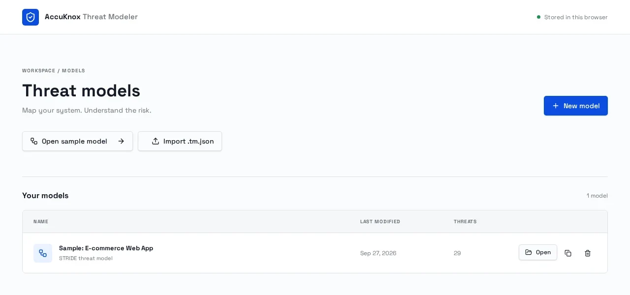 Models page with New model, Open sample model, Import, and the model list
