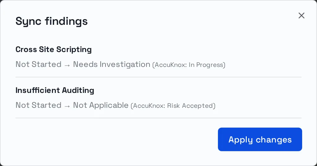 Sync findings dialog proposing priority, status, and justification changes